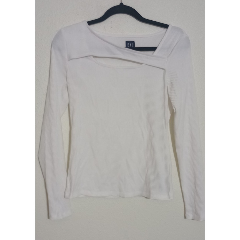 Gap Womens White Ribbed Long Sleeve Cutout Asymmetrical Neckline Top Size M
